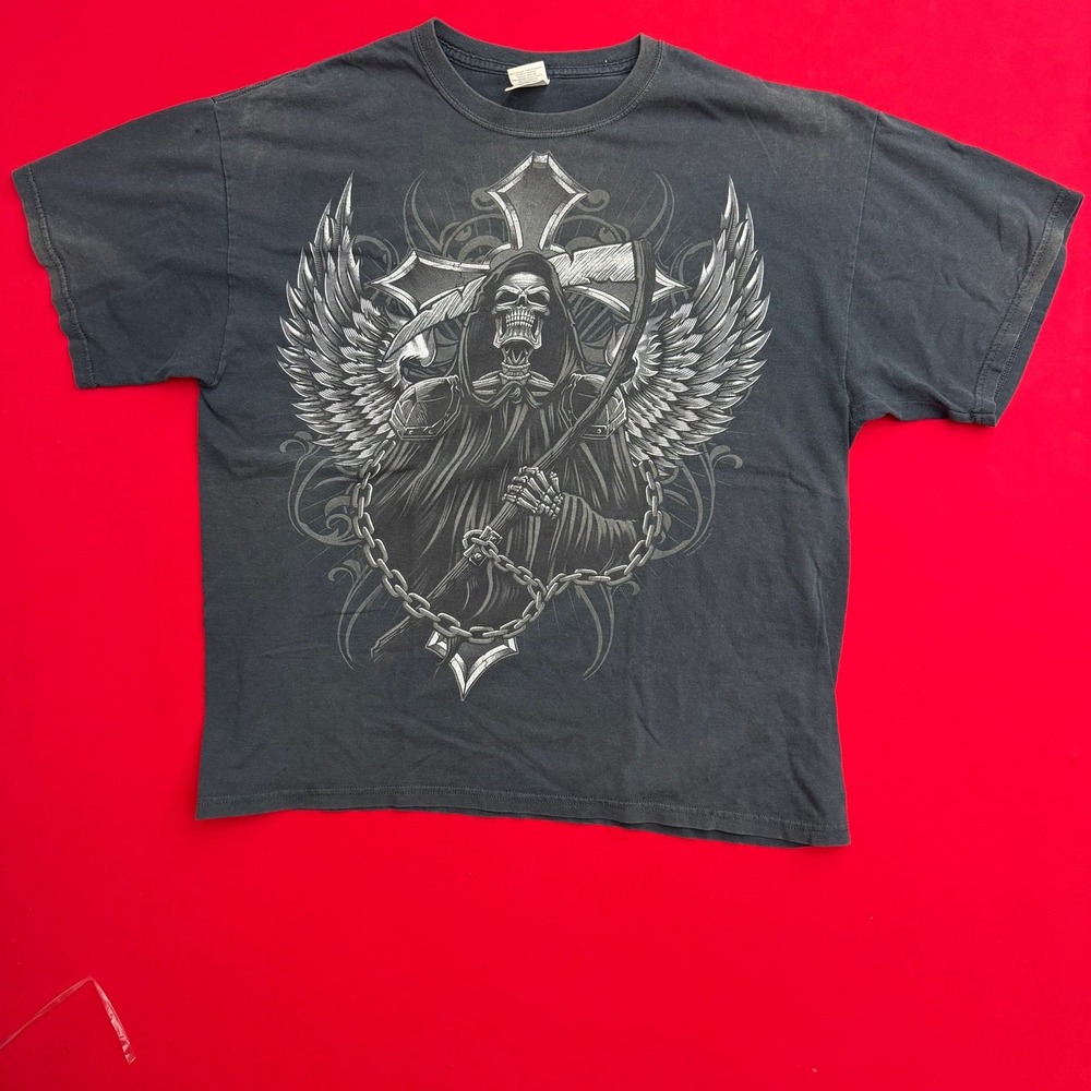 Vintage Y2K Grim Reaper Graphic SIZE XL Cyber Gothic Men's Shirt Black Hallo‎